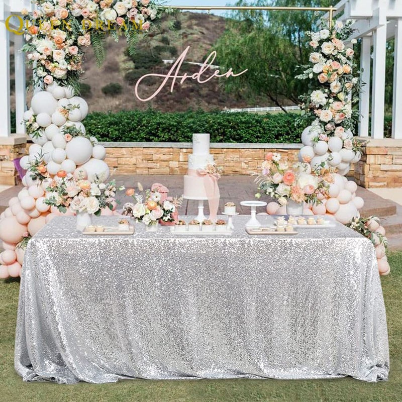 QueenDream Tablecloth 90x156 Rectangle Sequin Tablecloth Silver Wedding Table Linens Glitter Birthday Bridal Party Indoor Outdoor Decorations - Image 5